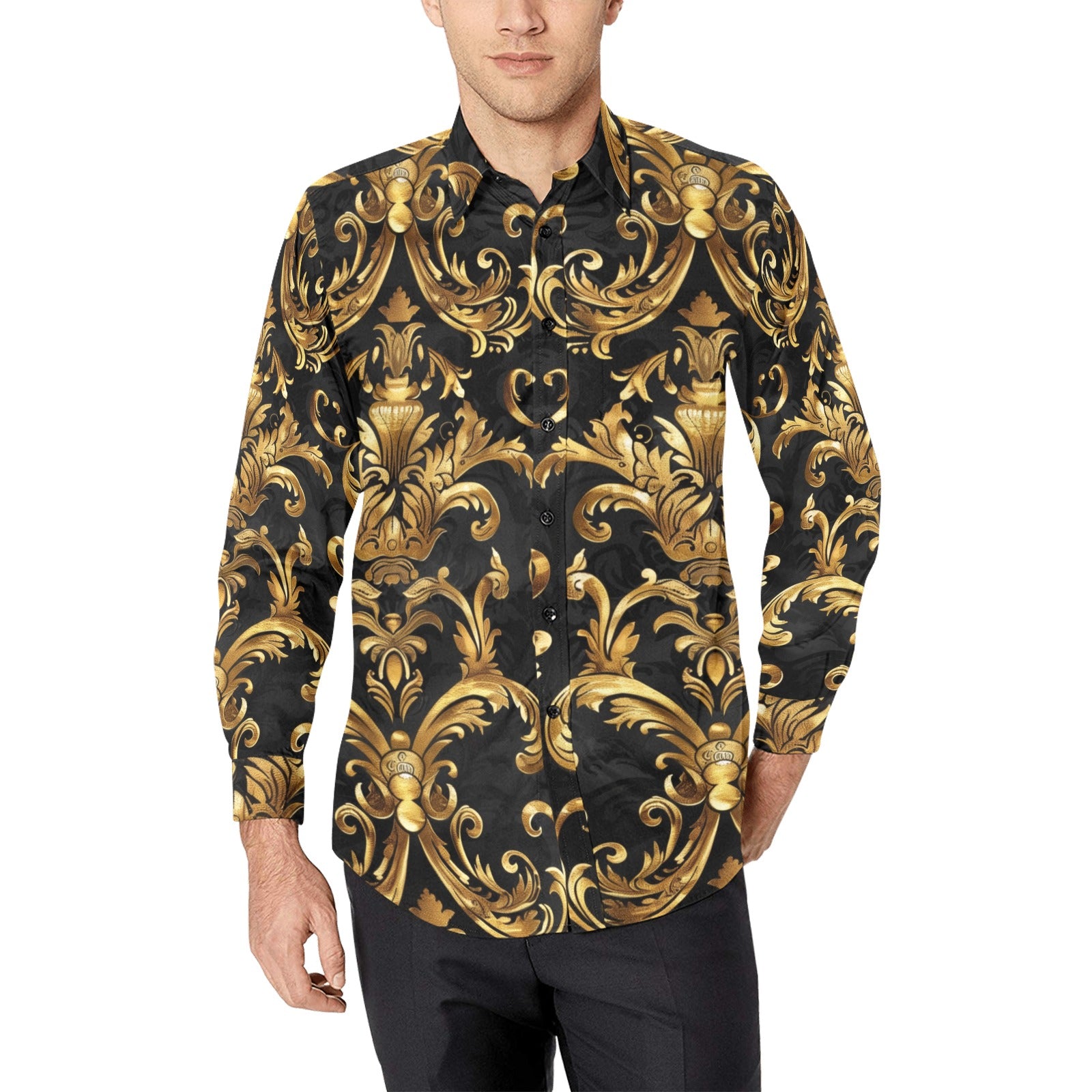 Black Gold Baroque Long Sleeve Men Button Up Shirt, Vintage Retro Print Male Guys Casual Dress Casual Buttoned Collared with Chest Pocket 4XL