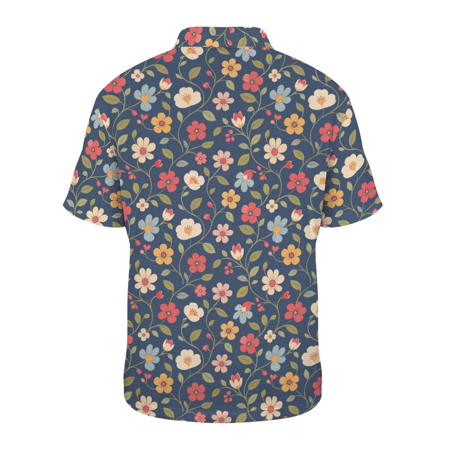 Floral Men Polo Shirt, Navy Blue Resort Flowers Botanical Guys Golf Casual Summer Buttoned Down Up Collared Short Sleeve Sports Tshirt Tee
