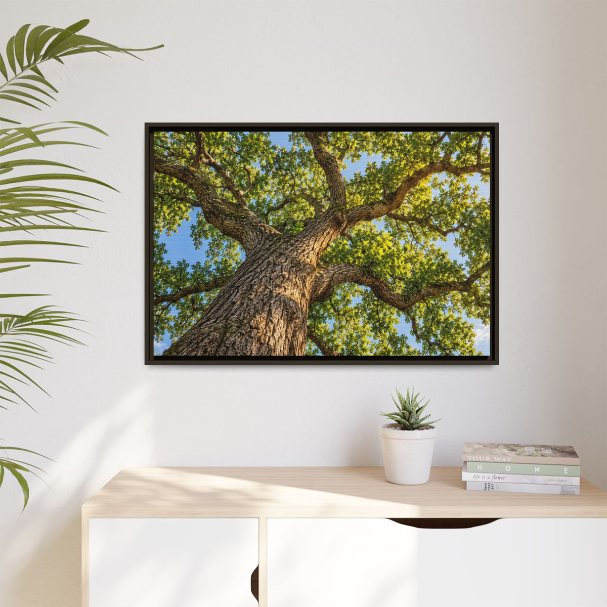 Oak Tree Canopy Canvas Wood Framed, Green Foliage Sunlit Woodland Wall Art Print Artwork Decor Small Large Hanging Matte Modern Landscape