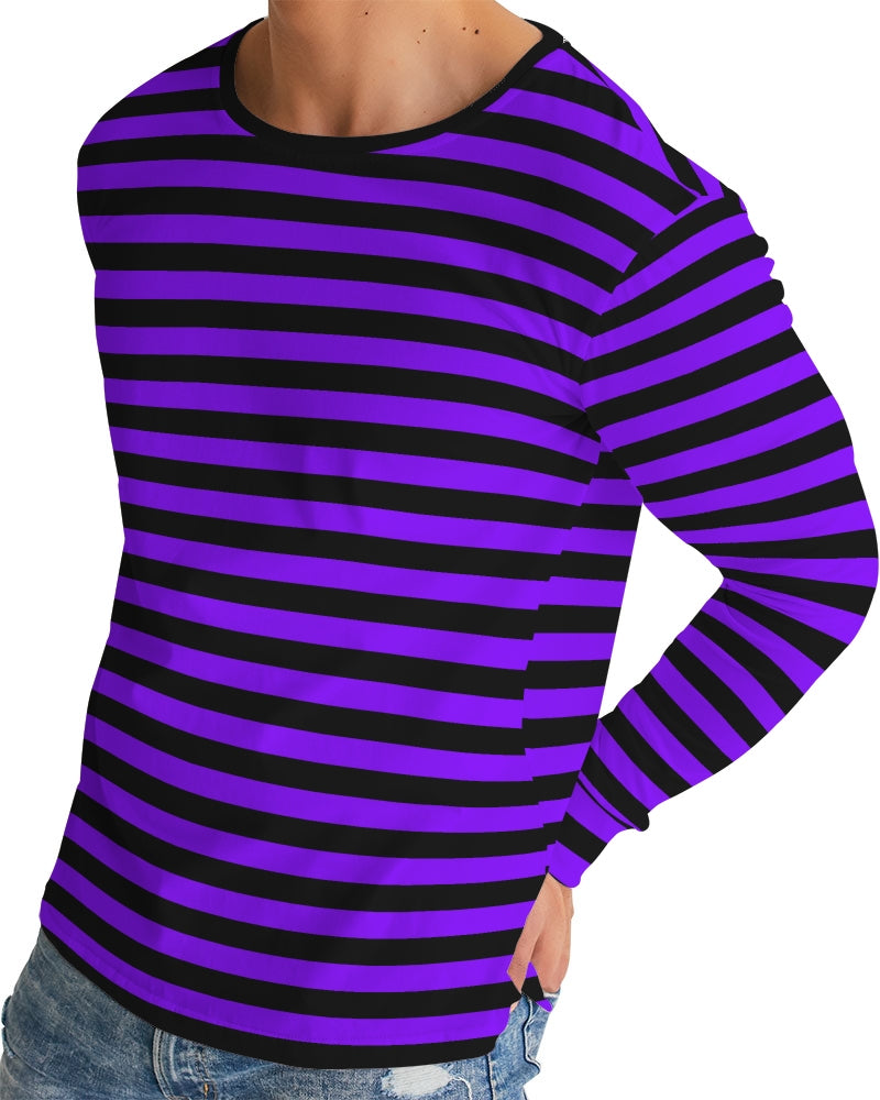 Violet Purple Black Stripes Men Long Sleeve Tshirt, Striped Unisex Women Designer Graphic Aesthetic Crew Neck Tee