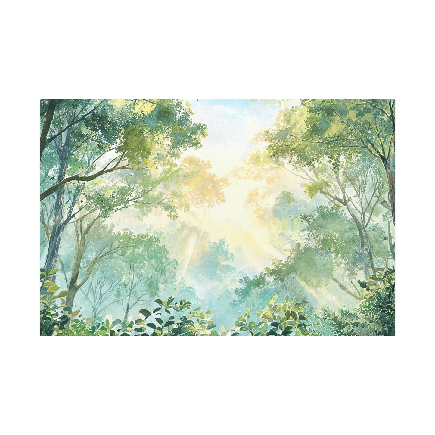 Tree Canopy Sky Canvas Gallery Wrap, Sunlit Calm Nature Watercolor Wall Art Print Decor Small Large Hanging Modern Landscape Living Room