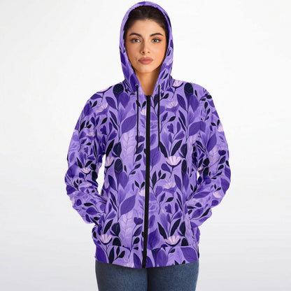 Purple Floral Zip Up Fleece Lined Hoodie, Flowers Heavyweight Full Zipper Pocket Men Women Unisex Aesthetic Graphic Hooded Sweatshirt Jacket
