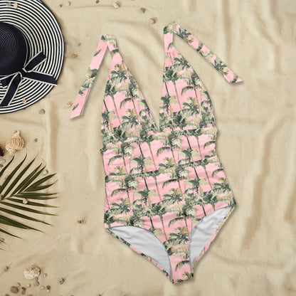 Pink Palm Trees One Piece Swimsuit Women, Plunge Halter Backless Designer Swim Swimming Costume Bathing Suits Ladies Swimwear