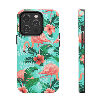 Pink Flamingo iPhone 17 16 15 14 13 12 11 Pro Max Case, Green Tropical Leaf Monstera Print Cute Gift XS XR X 7 Plus 8 Tough Cell Phone - Starcove Fashion