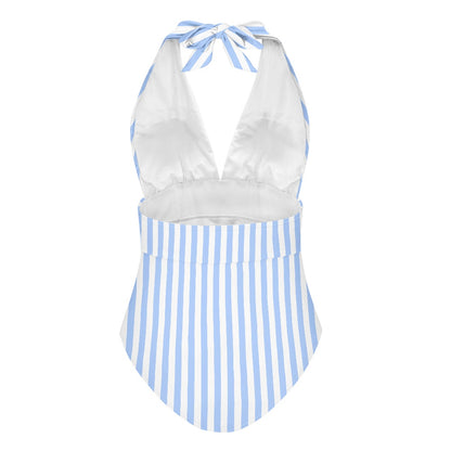 White halter top with blue striped bottom on a white background
