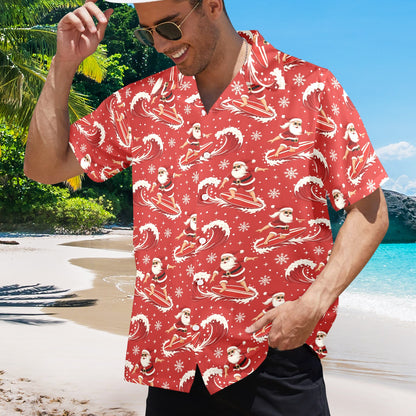 Christmas Hawaiian Men Shirt, Red Santa Claus Surfing Xmas Beach Print Vintage Aloha Hawaii Retro Tropical Plus Size Pocket Guys Button Down