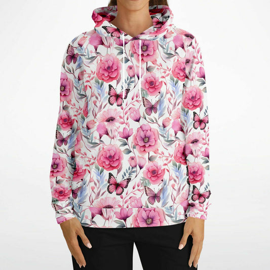 Pink Floral Butterfly Hoodie, Monarch Flowers Watercolor Pullover Men Women Adult Aesthetic Graphic Cotton Hooded Sweatshirt with Pockets
