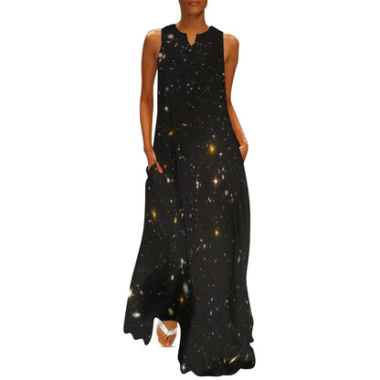 Galaxy Maxi Sleeveless Dress, Night Sky Print Black Space Star Constellation Fantasy Party Handmade Celestial Women Ladies Cocktail Pockets - Starcove Fashion