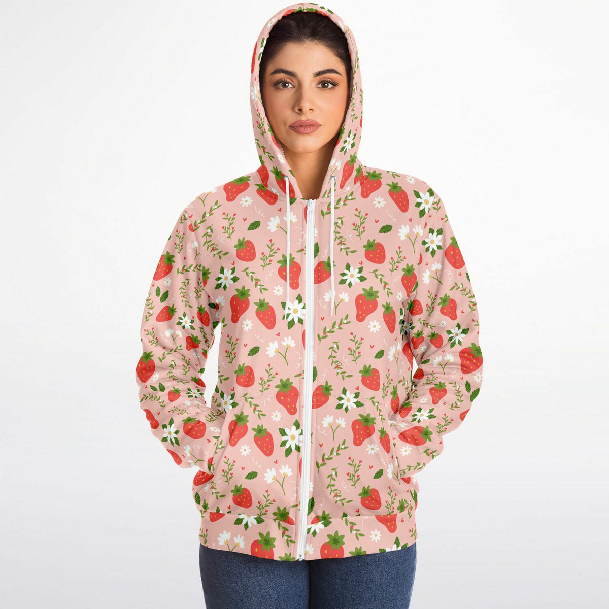 Strawberry Zip Up Fleece Lined Hoodie, Pink Floral Flowers Sherpa Heavyweight Full Zipper Men Women Unisex Graphic Hooded Sweatshirt Jacket