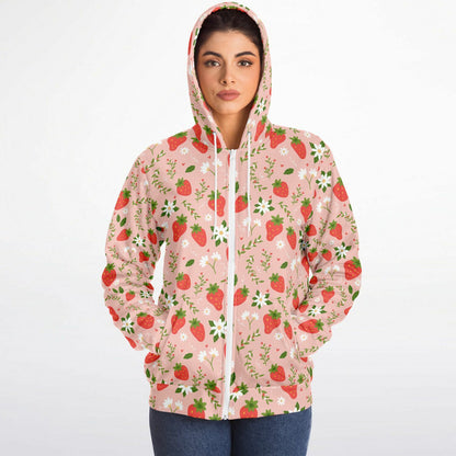 Strawberry Zip Up Fleece Lined Hoodie, Pink Floral Flowers Sherpa Heavyweight Full Zipper Men Women Unisex Graphic Hooded Sweatshirt Jacket