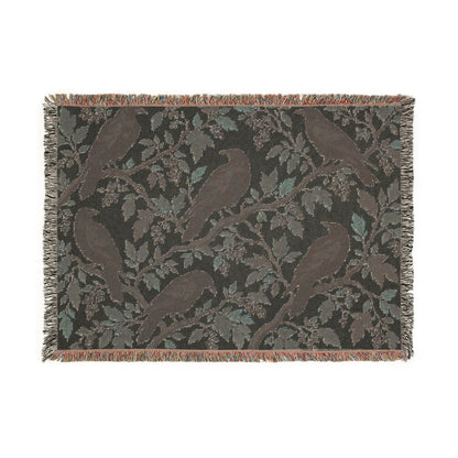 Black Raven Floral Woven Throw Blanket Tapestry, Halloween Autumn Fall Boho Gothic Crow Cotton Fringe Adult Kids Small Large Bed 50x60 Wall