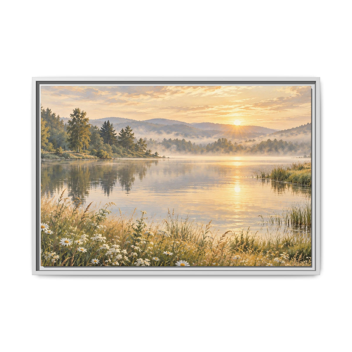 Misty Meadow Lake Wood Framed Canvas, Wildflower Farmhouse Wall Art Print Artwork Decor Small Large Hanging Matte Landscape Square Poster