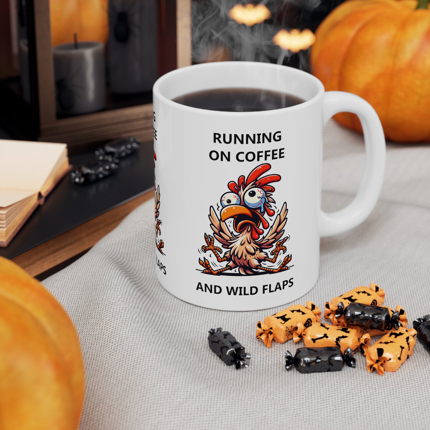 Running on Coffee Mug, Funny Chicken Art Ceramic Cup Tea Office Boss Coworker Friend Unique Microwave Safe Novelty Cool Gift