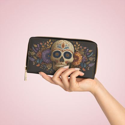 Sugar Skull Leather Wallet Women, Day of the Dead Flowers Vegan Zipper Zip Around Coins Credit Cards Pocket Cash Ladies Pouch Clutch Purse