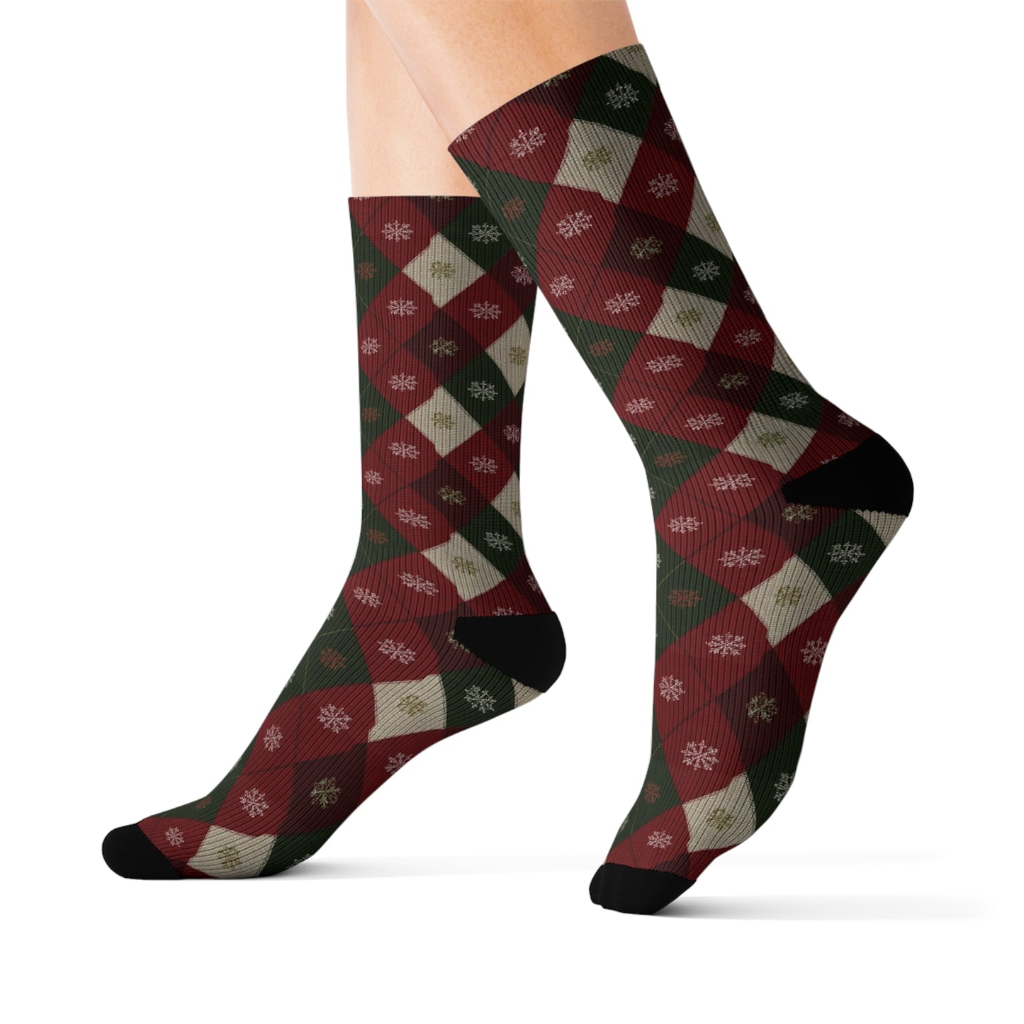 Argyle Socks, Red Green Snowflake Christmas Festive Crew Sublimation Women Men Designer Fun Novelty Cool Casual Cute Unique Dress