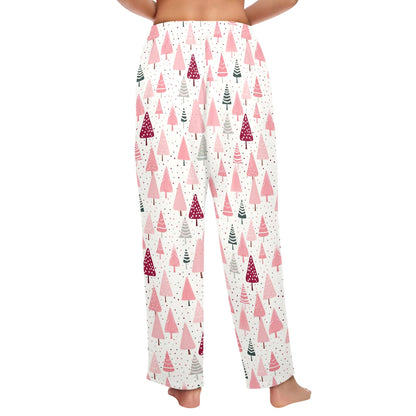 Pink Christmas Trees Women Pajamas Pants, Xmas Satin PJ Funny Pockets Trousers Couples Matching Ladies Female Trousers Bottoms