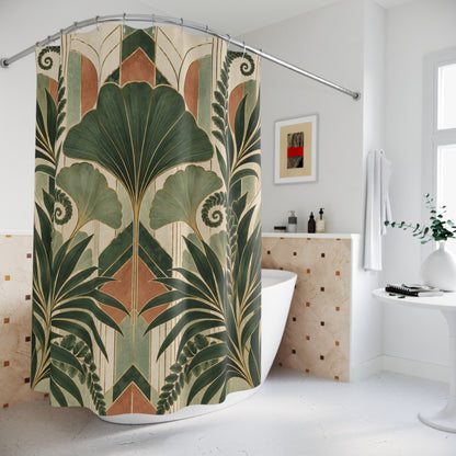 Art Deco Botanical Shower Curtain, Ginkgo Leaves Palm Fronds Ferns Plant Nature Waterproof Fabric Bathroom Decor Housewarming Gift 71" x 74"