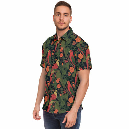 Parrot Men Button Up Shirt, Tropical Bird Plants Green Short Sleeve Print Casual Buttoned Down Summer Male Guys Collared Designer Dress