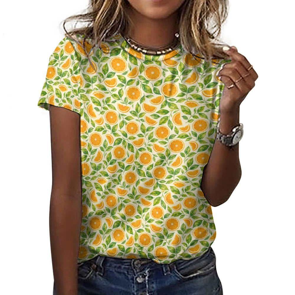 Oranges Women Cotton Tshirt, Summer Fruit Yellow Ladies Female Designer Adult Graphic Aesthetic Fashion Fitted Crewneck Tee Shirt Top - Starcove Fashion