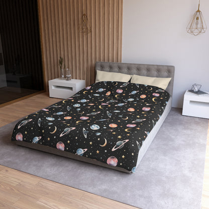 Space Planets Duvet Cover, Celestial Stars Moon Bedding Queen King Full Twin XL Microfiber Unique Designer Bed Quilt Bedroom Decor