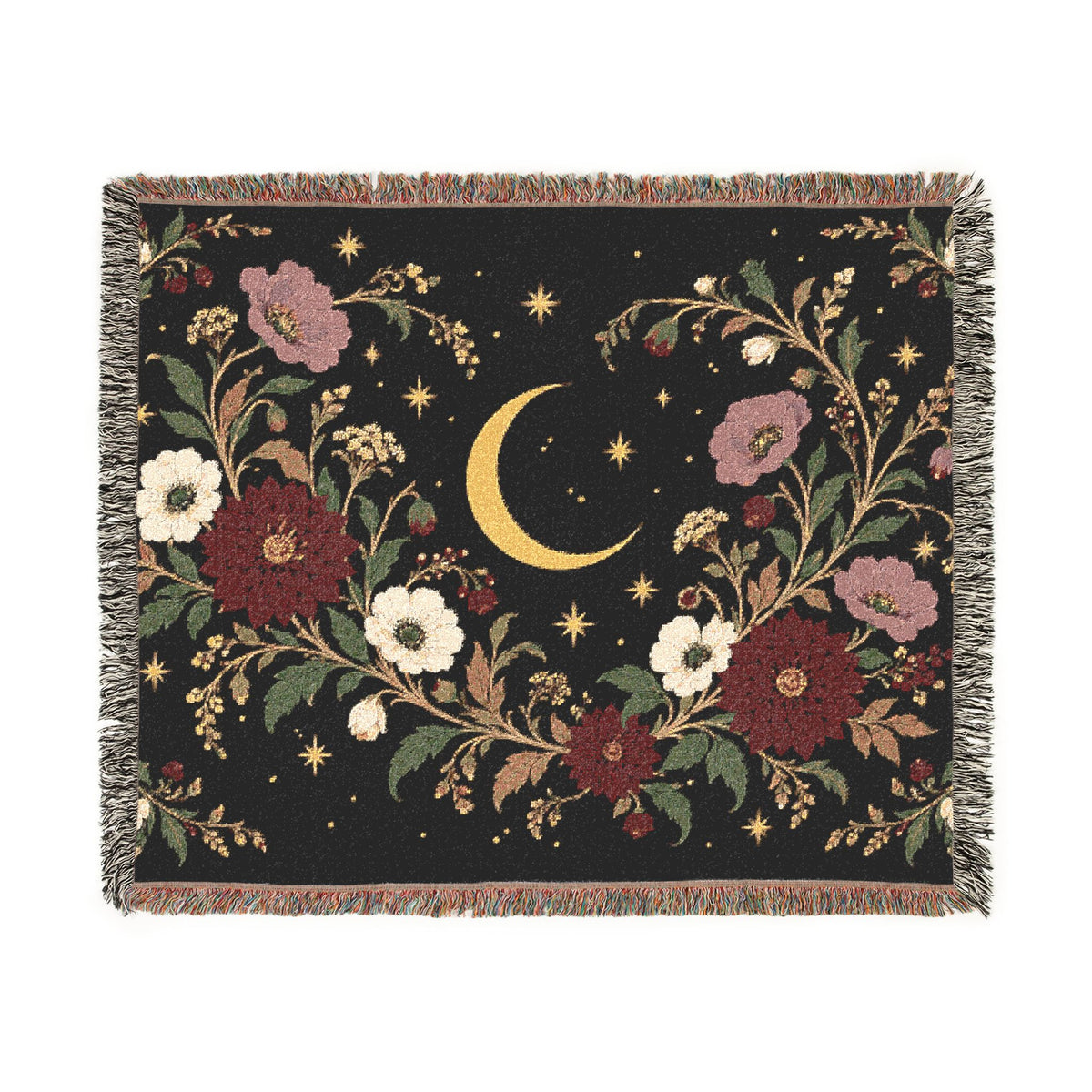 Dark Botanical Floral Woven Throw Blanket Tapestry, Crescent Moon Celestial Cotton Fringe Warm Adult Kids Small Large Bed 50x60 Wall Hanging