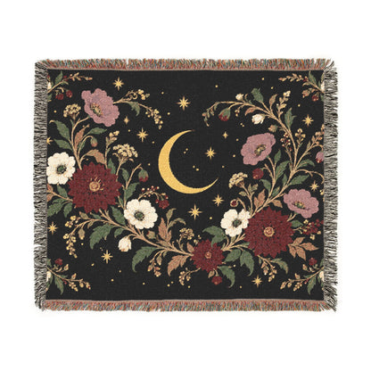 Dark Botanical Floral Woven Throw Blanket Tapestry, Crescent Moon Celestial Cotton Fringe Warm Adult Kids Small Large Bed 50x60 Wall Hanging