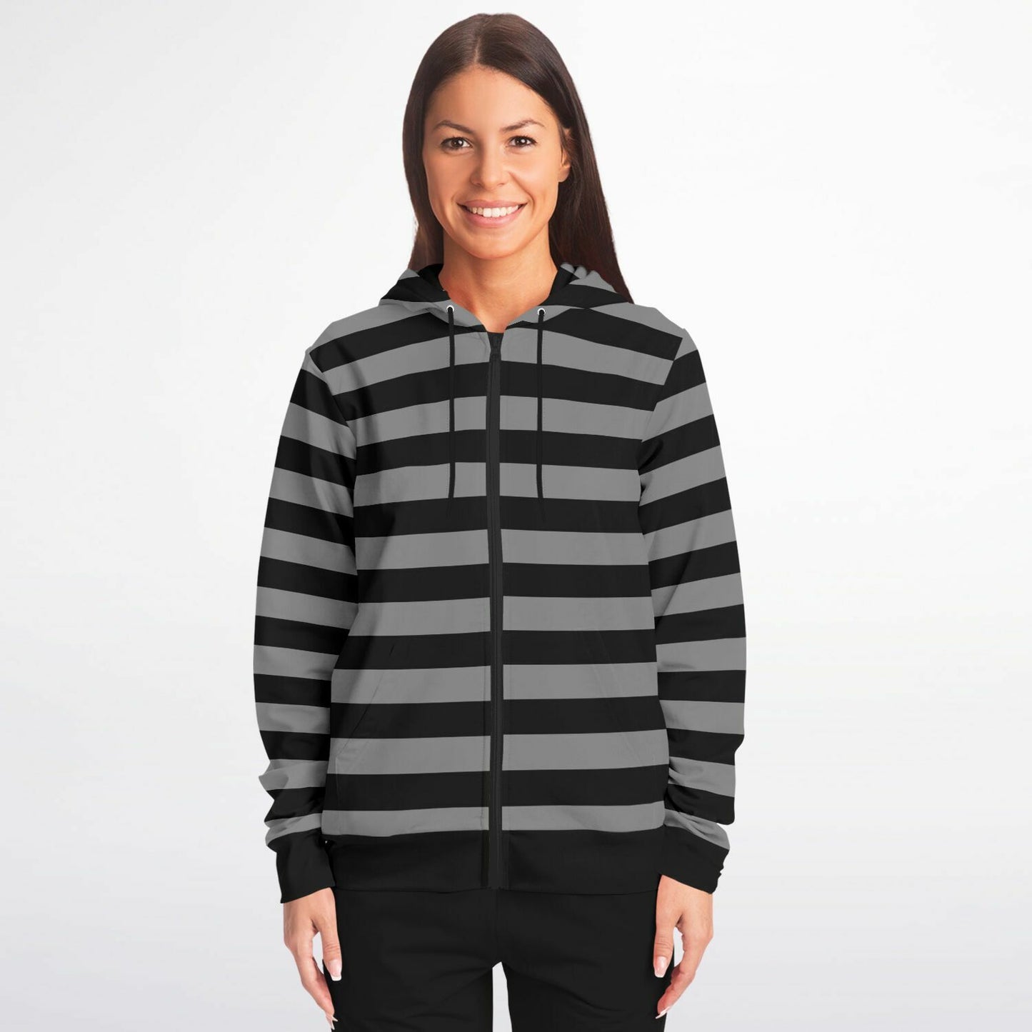 Black Grey Striped Zip Up Hoodie, Gray Stripes Full Zipper Pocket Men Women Unisex Adult Aesthetic Graphic Cotton Fleece Hooded Sweatshirt