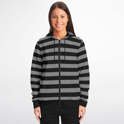 Black Grey Striped Zip Up Hoodie, Gray Stripes Full Zipper Pocket Men Women Unisex Adult Aesthetic Graphic Cotton Fleece Hooded Sweatshirt