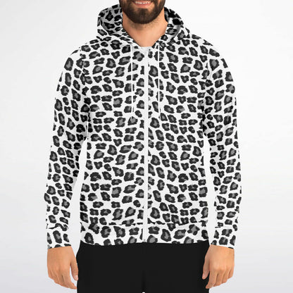 Snow Leopard Zip Up Hoodie, Black White Animal Print Full Zipper Pocket Men Women Unisex Adult Graphic Cotton Fleece Hooded Sweatshirt
