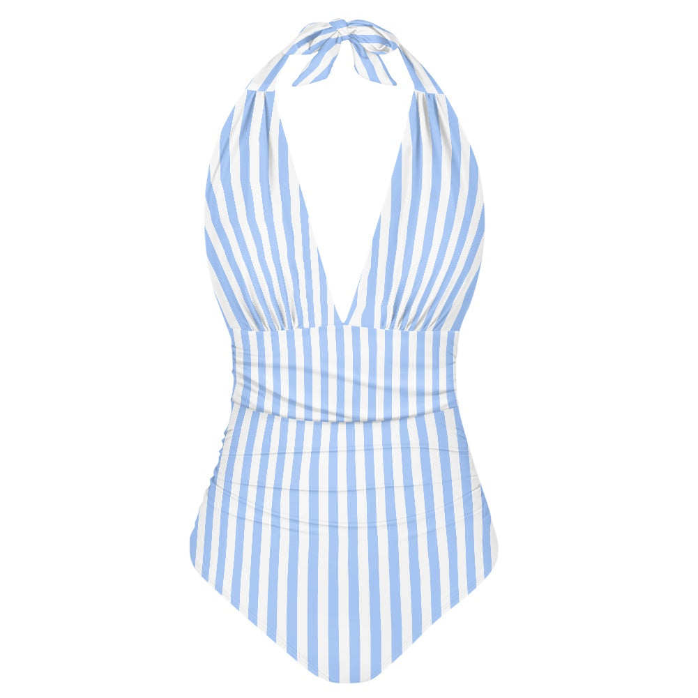 Blue and white striped swimsuit on a white background