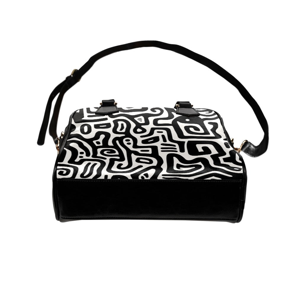 Black White Purse, Abstract Maze Modern Art Cute Small Shoulder Vegan Leather Women Ladies Designer Handbag with Strap Crossbody Bag