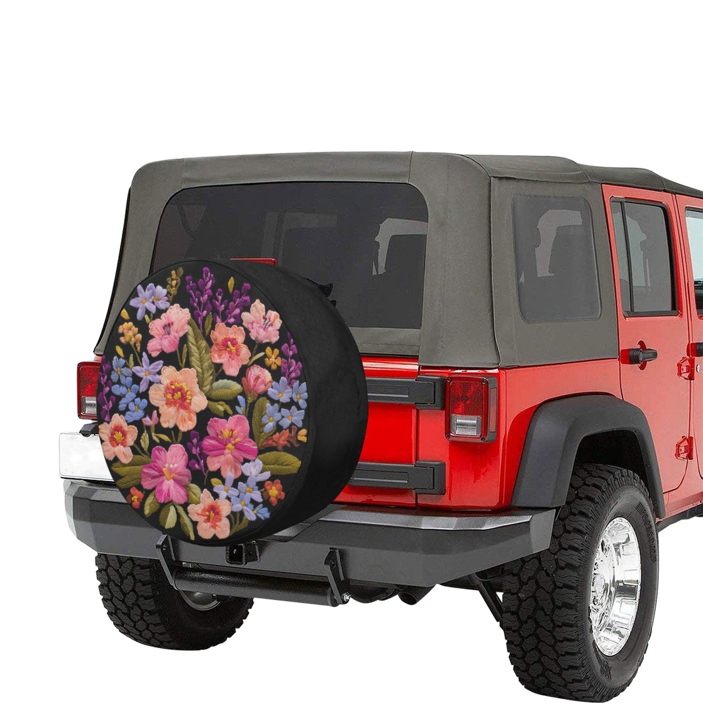 Pink Blue Flowers Spare Tire Cover, Purple Coral Floral Faux Embroidery Printed Floral Wheel Unique Backup Camera Hole Trailer Back Women RV