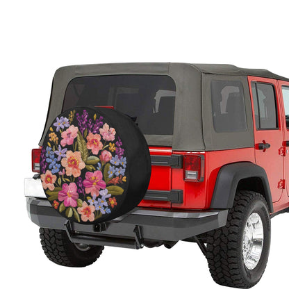 Pink Blue Flowers Spare Tire Cover, Purple Coral Floral Faux Embroidery Printed Floral Wheel Unique Backup Camera Hole Trailer Back Women RV