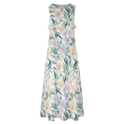 Pastel Floral Maxi Dress, Botanical Women Sleeveless Casual Cute Designer Elegant Plus Size Cocktail Party Summer A-Line Designer Pockets