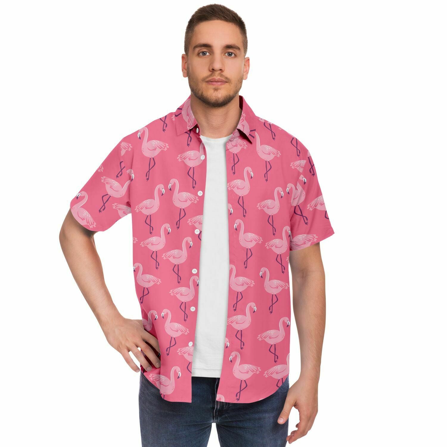 pink flamingo dress shirt Men's Pink Flamingo Print Short Sleeve Shirt