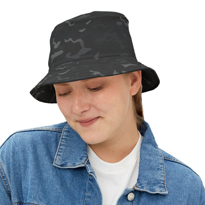Black Camo Bucket Cap Hat, Grey Camouflage Print Beach Women Men Golf Summer Festival Cute Designer Sun Shade Ladies Small Large Guys