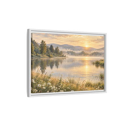 Misty Meadow Lake Wood Framed Canvas, Wildflower Farmhouse Wall Art Print Artwork Decor Small Large Hanging Matte Landscape Square Poster