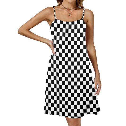 Black White Check Women Spaghetti Strap Dress, Checkered Racing Evening Summer Sleeveless Cocktail Mini Ladies Handmade Designer Plus Size