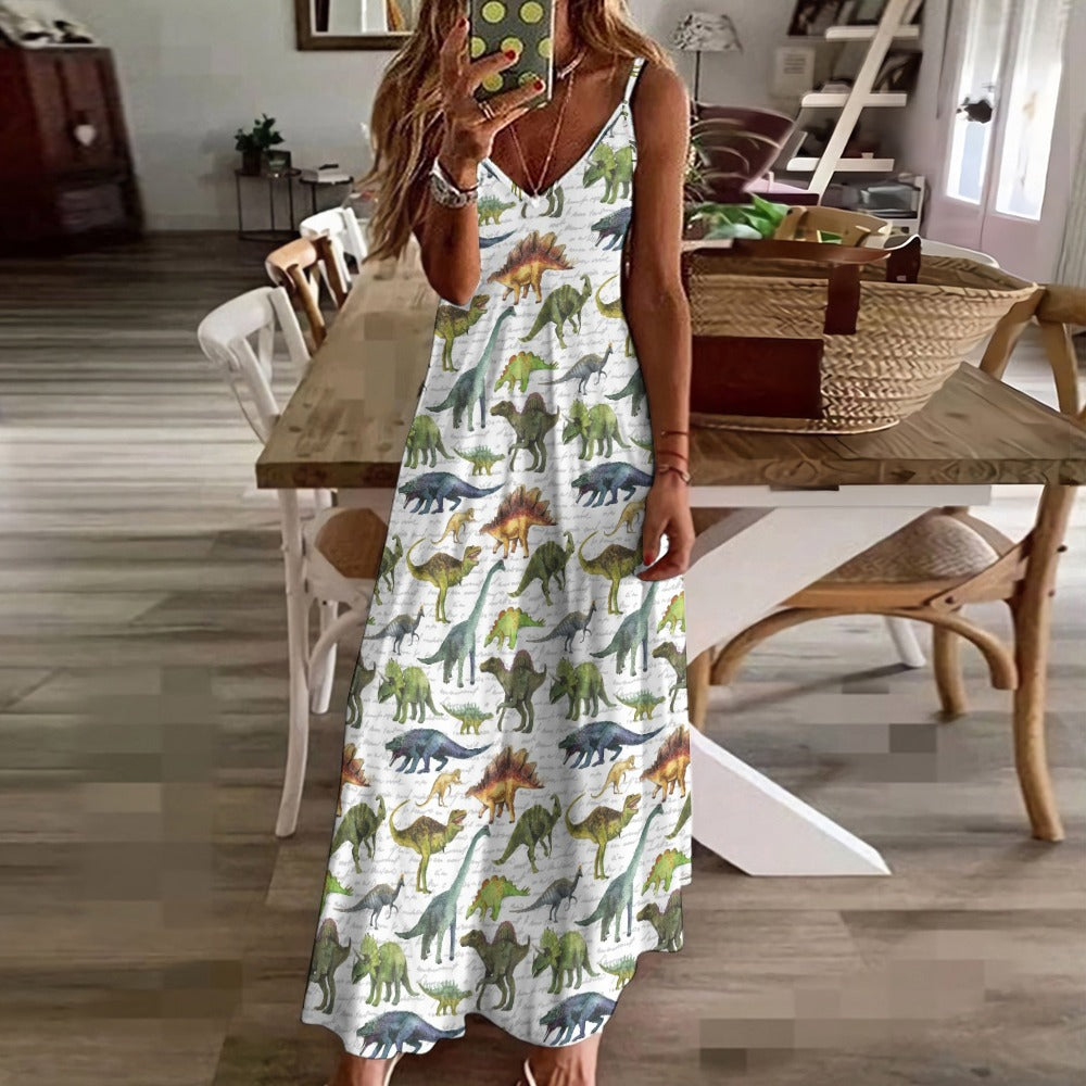 Dinosaur Maxi Dress, Dino Trex Long Spaghetti Straps Women Sleeveless Casual Cute Designer Elegant Plus Size Cocktail Party Summer
