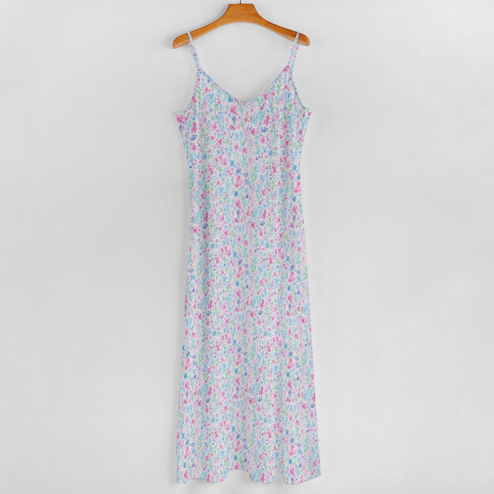 Pink White Maxi Dress, Floral Paint Long Spaghetti Straps Flowy Women Sleeveless Casual Cute Designer Elegant Plus Size Cocktail Party Summer L /