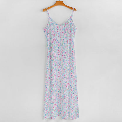 Pink White Maxi Dress, Floral Paint Long Spaghetti Straps Women Sleeveless Casual Cute Designer Elegant Plus Size Cocktail Party Summer - Starcove Fashion