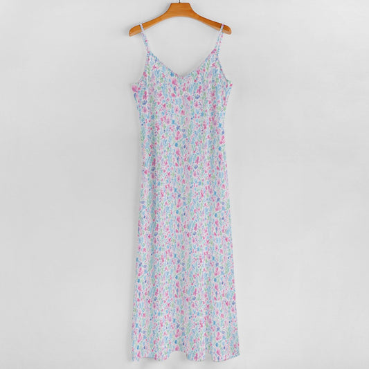 Pink White Maxi Dress, Floral Paint Long Spaghetti Straps Women Sleeveless Casual Cute Designer Elegant Plus Size Cocktail Party Summer - Starcove Fashion