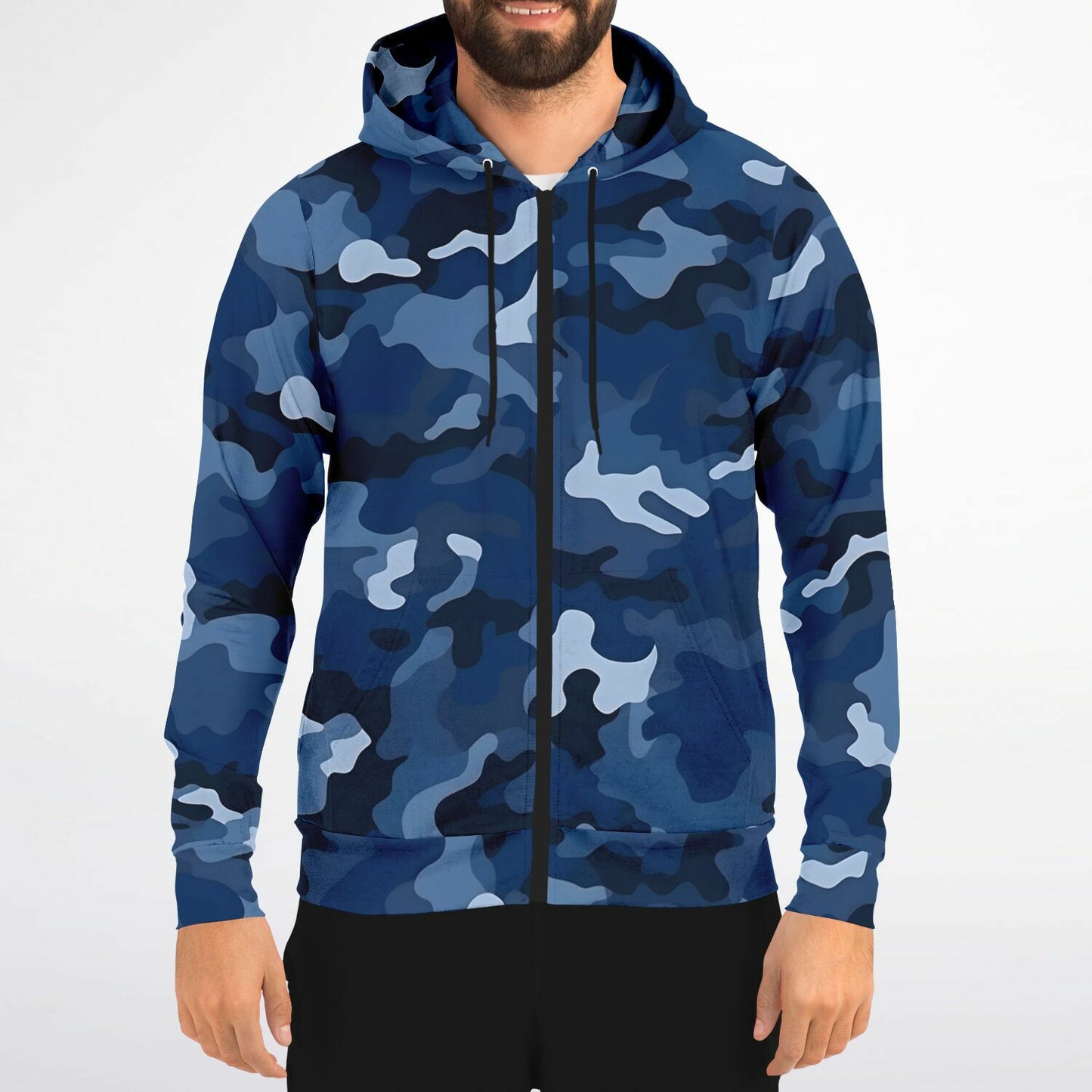 Navy Blue Camo Zip Up Hoodie, Camouflage Full Zipper Pocket Men Women Unisex Adult Aesthetic Graphic Cotton Fleece Hooded Sweatshirt