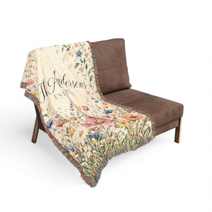 Custom Family Name Woven Blanket Tapestry, Wildflowers Throw Floral Botanical Personalized Wedding Anniversary Engagement Cotton Small Large