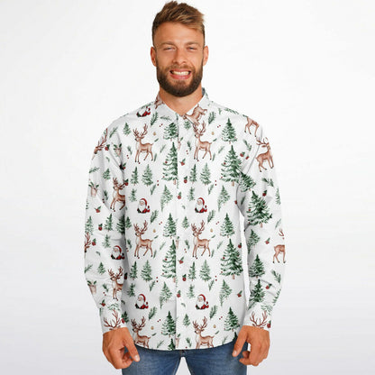 White Christmas Long Sleeve Men Button Up Shirt, Santa Claus Xmas Trees Guys Male Print Buttoned Down Collared Casual Dress Plus Size Shirt