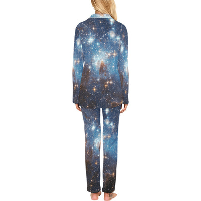 Galaxy Space Women Pajama Set, Blue Ladies Female 2 Piece Pants Print Top PJs Holiday Long Sleeve Sleep Sleepwear Cute Adults Nightwear