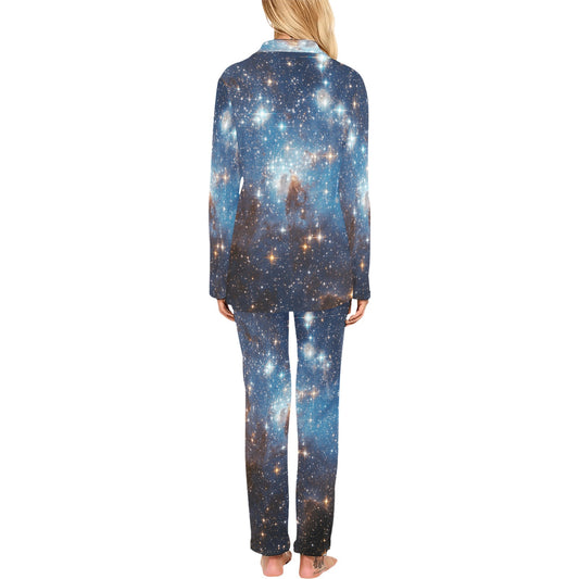 Galaxy Space Women Pajama Set, Blue Ladies Female 2 Piece Pants Print Top PJs Holiday Long Sleeve Sleep Sleepwear Cute Adults Nightwear