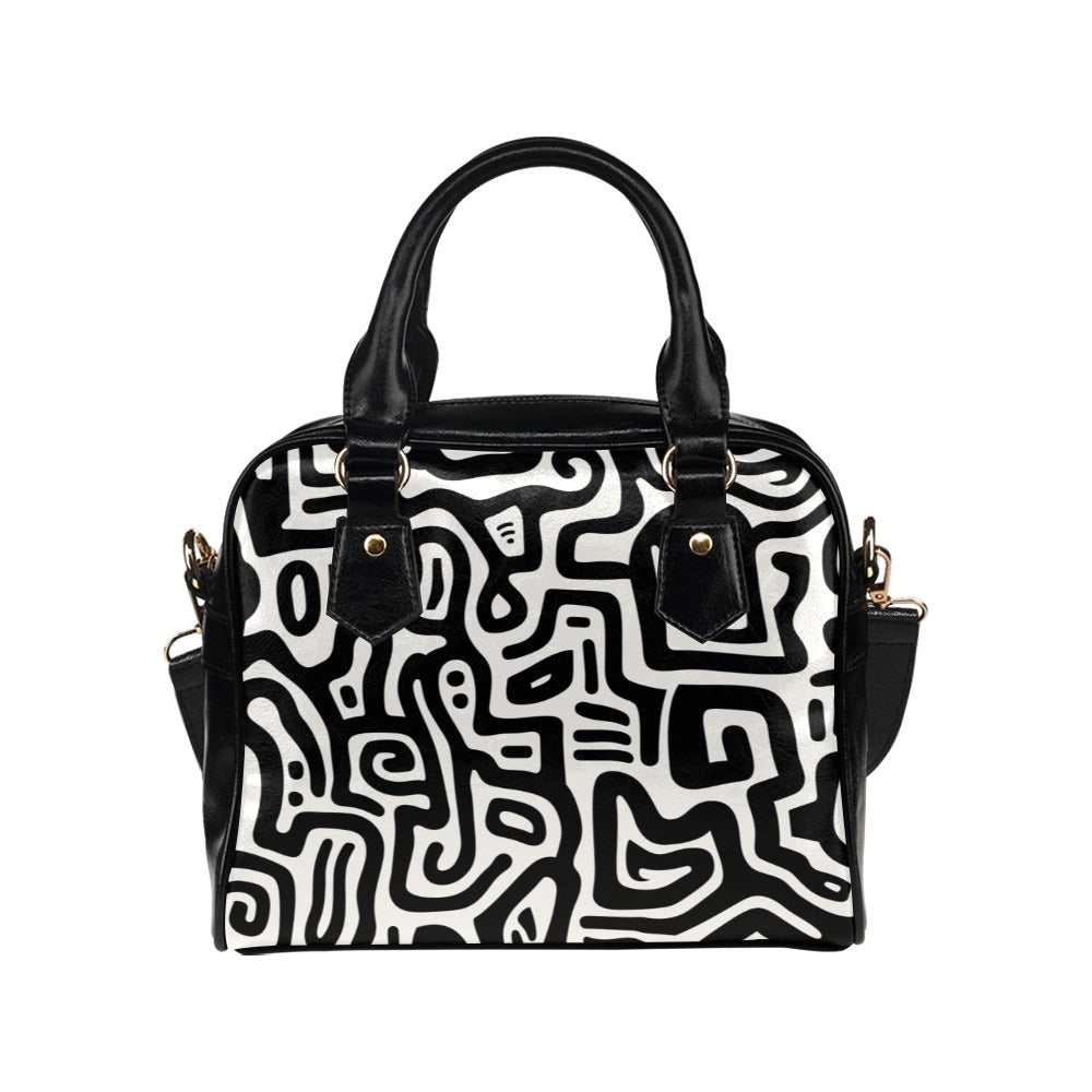 Black White Purse, Abstract Maze Modern Art Cute Small Shoulder Vegan Leather Women Ladies Designer Handbag with Strap Crossbody Bag