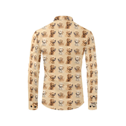 Dog Long Sleeve Men Button Up Shirt, Golden retriever Animal Print Guys Male Casual Dress Buttoned Collared Chest Pocket Plus Size