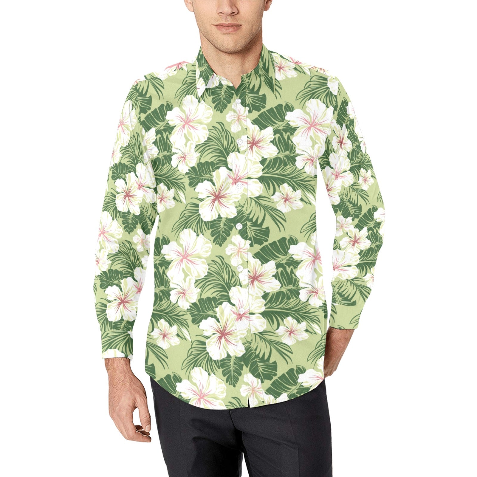 Green Hibiscus Long Sleeve Men Button Up Shirt, Hawaiian White Tropical Print Casual Dress Buttoned Collar Chest Pocket Lightweight Male - Starcove Fashion